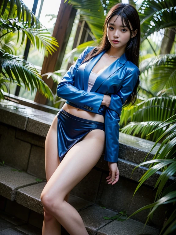 ((top-quality、in 8K、masterpiece:1.3、Raw photo))、Super high quality photos, In the tropical jungle, ((Wearing a business suit with a blue jacket and skirt)), ((Perfect beauty 20 year old idol Japan woman)), ((slim figure)), ((Slim legs)), ((slim thigh)), ((Perfect beauty 20 year old idol Japan woman)), (Photorealistic: 1.4), (Ultra-high detail), (hyper realisitic: 1.4), (Realistic: 1.3), (Smooth lighting: 1.05), Full body, 1girl in, Solo, (Japanese actressl), 20yr old, cinematlic lighting, ((slim figure)), ((Leaner figure)), Good anatomy, Correct anatomy, In the tropical jungle, ((Perfect beauty 20 year old idol Japan woman)), ((slim figure)), ((Slim legs)), ((slim thigh)), ,((Perfect beauty)),