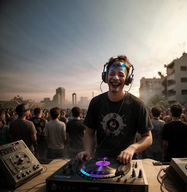 A laughing clown DJing in an abandoned city、Crowd of aliens listening to him play.