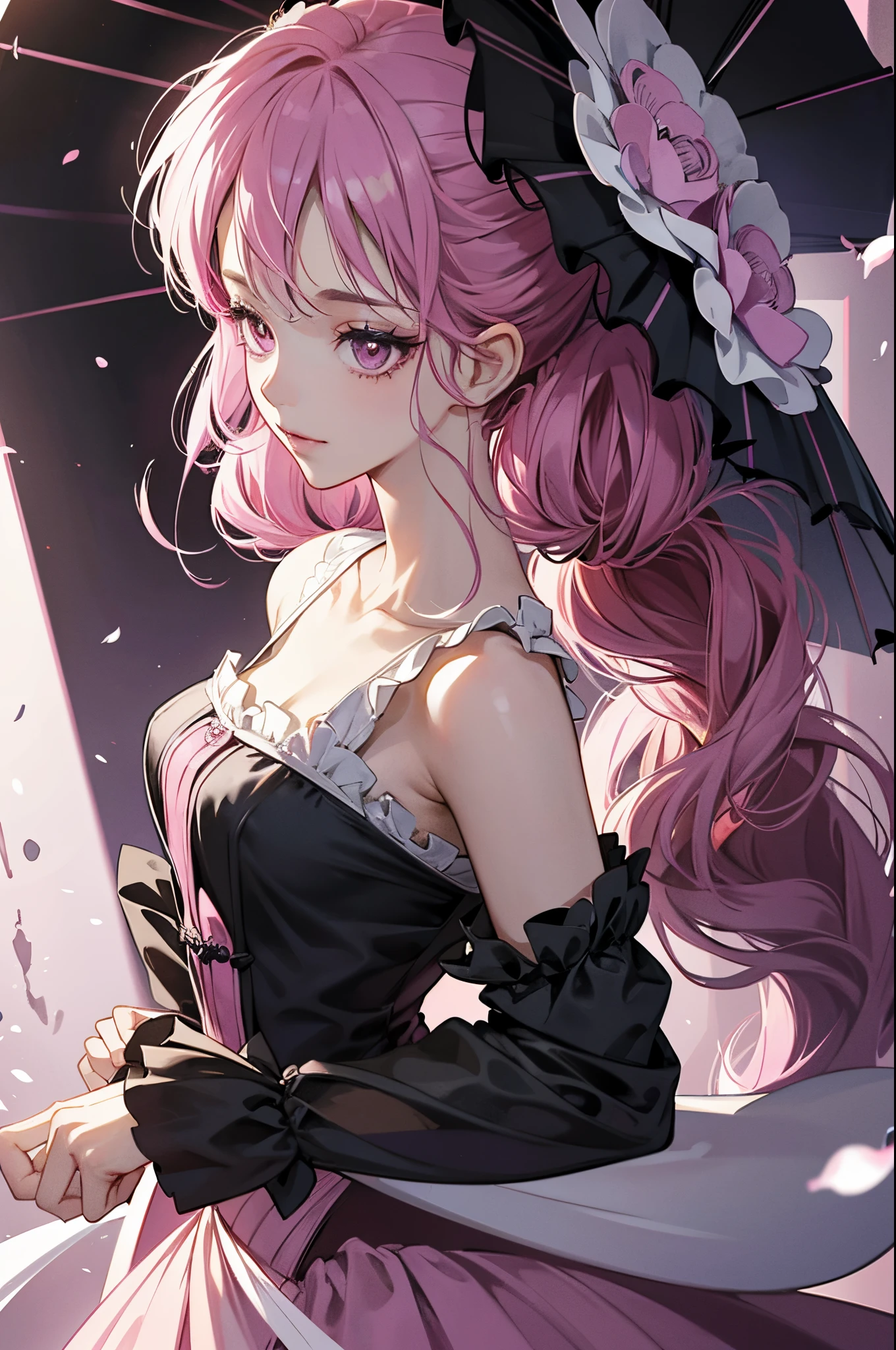 one piece ghost princess perona, ghost and sakura aura, holding a cute umbrella, black pink gothic outfit, hair tied into two curly pigtails with black and white flower hairpins, perfect body shape, wearing black top hat with ribbon, masterpieces, light make up, ghost effect, best lighting, ultra sharp