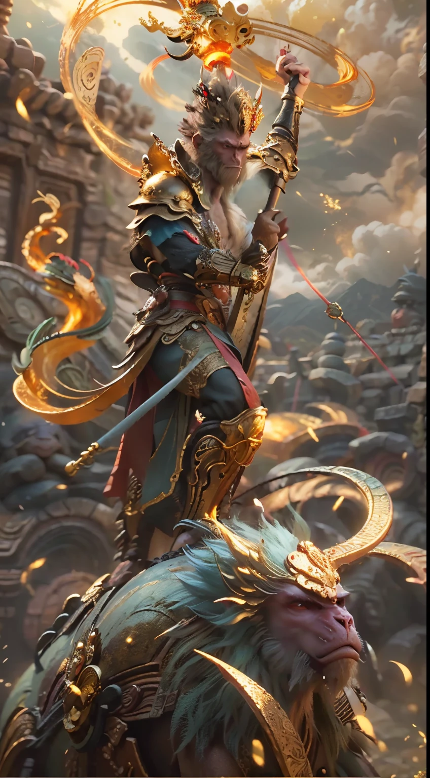 The detailed Monkey King，He holds a golden stick in his hand，Golden fire eyes，The background is a huge golden halo，ancient Chinese style mythology，Buddhist mythology，Taoist mythology，Holy，Religious，adore，Cloud fog，globalillumination，The picture is bright，high high quality，Best quality，Oh really，hyper realisitc，super detailing,tmasterpiece，A high resolution，8K，Very realistic，Anthropomorphic male monkey who cultivates immortality，Golden-scaled armor, butterfly armor，Fiery eyes, golden eyes, bright and brave，A male monkey holds a gold stick and an anthropomorphic close-up, Oriental ancient armor, butterflys, Golden rod，The butterfly cloud under your feet,epic fantasy digital art style, Monkey king, evil knight, and Mumford Tom Bagshaw., dark fantasy style art, Epic fantasy art style,Monkey king, dark fantasy art style, butterflys, Epic fantasy art style HD, dark fantasy digital art，artistic image type，Perched on the top of the ancient city of the East, Sun Wukong inspects the vast Forbidden City below. Golden rod, Contrast his technically enhanced body,Glitter with golden sticks and retractable tech weapons. In a striking pose, He seems ready to take action, Ancient legends,Journey to the West characters, Excellent location，Earthscape, (Vibrant golden glow:1.5), (digitial painting:1.25), (4K:1.2). enviroment: panoramic view of a city，Imagine an epic celestial battle in the sky, Sun Wukong is at the front, Waving the Ruyi Golden Cudgel. Gods clash in the clouds，Sun Wukong challenges the rule of the Jade Emperor.