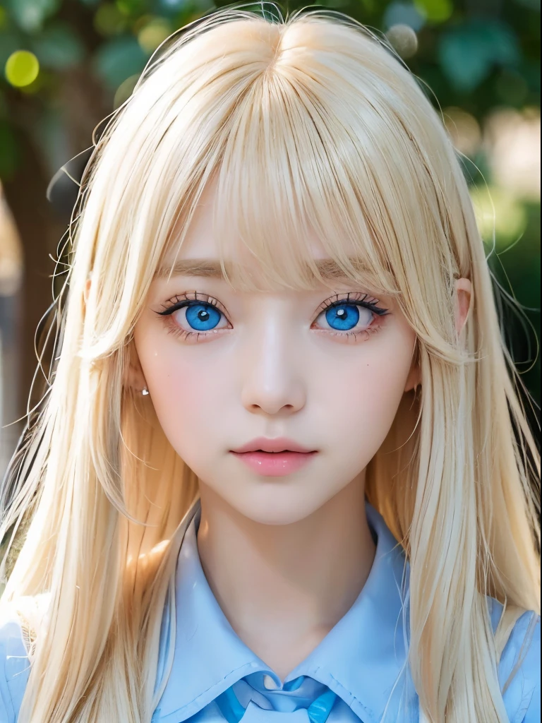 Boasts outstanding beauty、large full breasts、cute and very cute girl.、Perfect beauty、Blonde hair waving in front of the face、shiny long bangs、(((cute beautiful light blue eyes)))、Gentle bright face、(((Super long silky blonde hair with dazzling golden shine)))、Hair color that changes from blonde depending on the lighting、White beautiful skin、Glossy skin、Gloss Face、Teak Gloss、eye liner、Clear and large double eyelids、School Uniforms、Small face beauty、with round face