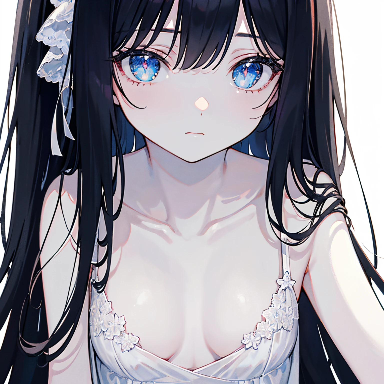 1 girl in, no smile, sparkling navy blue eyes, (black hair) , small stature, small breasts, loli, (masutepiece:1.2, Best Quality), (finely detailed beautiful eye: 1.2), (beautifull detailed face), High contrast, (Best Illumination, extremely delicate and beautiful), ((Cinematic Light)), Dramatic light, (Pale white background:1.5), long_hair, collarbone, thin long dress,