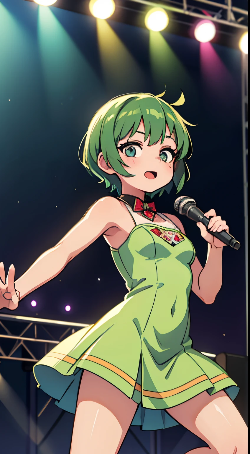 JKT48 idol girl, she is 18 years old, she is wearing a dress, she has short green hair, she is singing and dancing, she is on stage, she is outdoors, very detailed