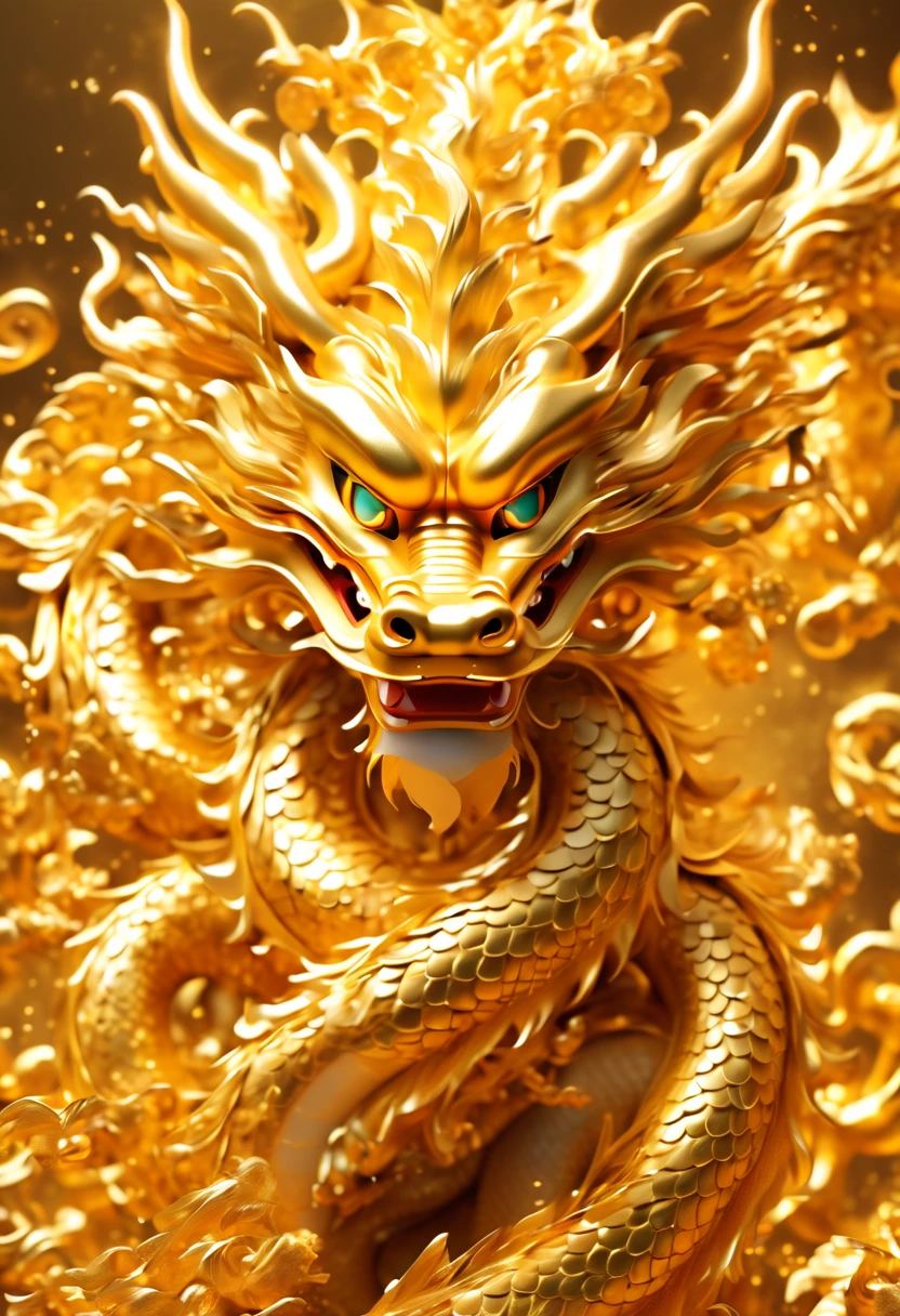 A golden cartoon Chinese dragon character, 8K, 3D style, charming anime character, popular, iconic pop culture comics, miniature, Sandala Tang,bailing_eastern dragon, Year of the Dragon