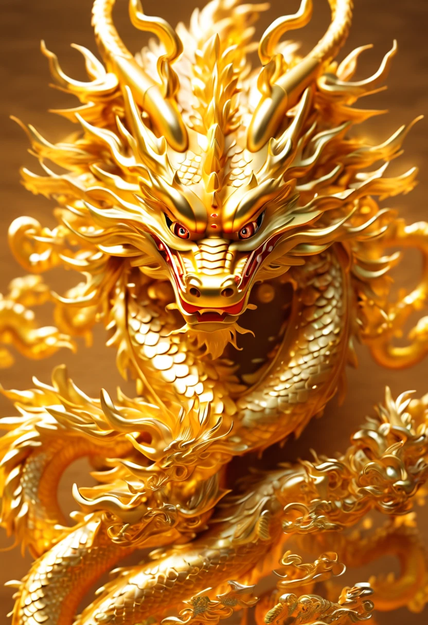 A golden cartoon Chinese dragon character, 8K, 3D style, charming anime character, popular, iconic pop culture comics, miniature, Sandala Tang，bailing_eastern dragon， Year of the Dragon