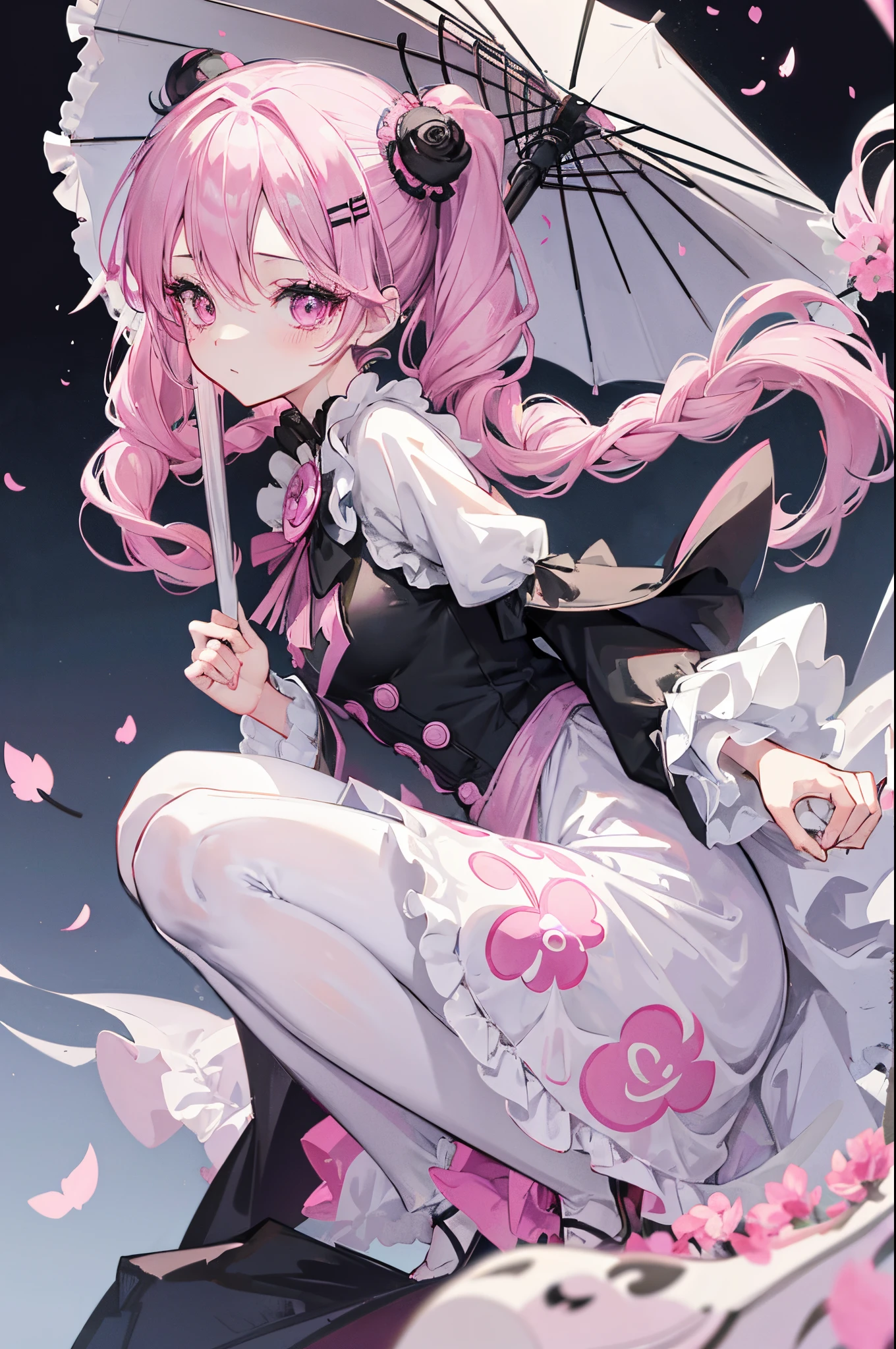 one piece ghost princess perona, ghost and sakura aura, holding a cute umbrella, black pink gothic outfit, hair tied into two curly pigtails with black and white flower hairpins, perfect body shape, wearing black top hat with ribbon, masterpieces, light make up, ghost effect, best lighting, ultra sharp