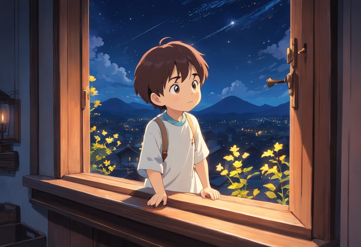 Best quality at best, tmasterpiece, 1 little boy aged 3 years, Alone, stars in night sky, Stars outside the window,, white clothes, terrazzo,Woody,wood planks, are standing, Staring at the stars with bright eyes,,Put your hands on the balcony, Eyes full of light and curiosity,expression of surprise,Look out the window,gentlesoftlighting, A half body
