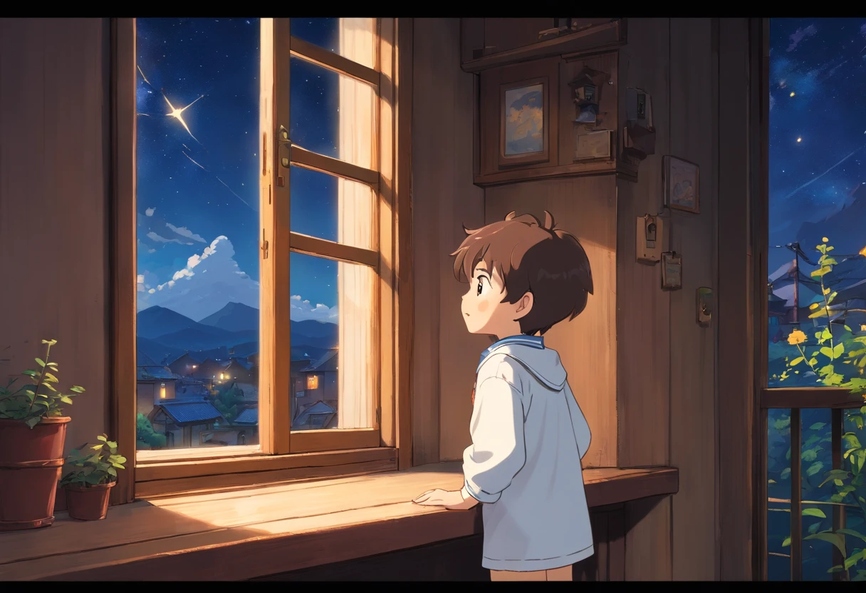 Best quality at best, tmasterpiece, 1 little boy aged 3 years, Alone, stars in night sky, Stars outside the window,, white clothes, terrazzo,Woody,wood planks, are standing, Staring at the stars with bright eyes,,Put your hands on the balcony, Eyes full of light and curiosity,expression of surprise,Look out the window,gentlesoftlighting, A half body