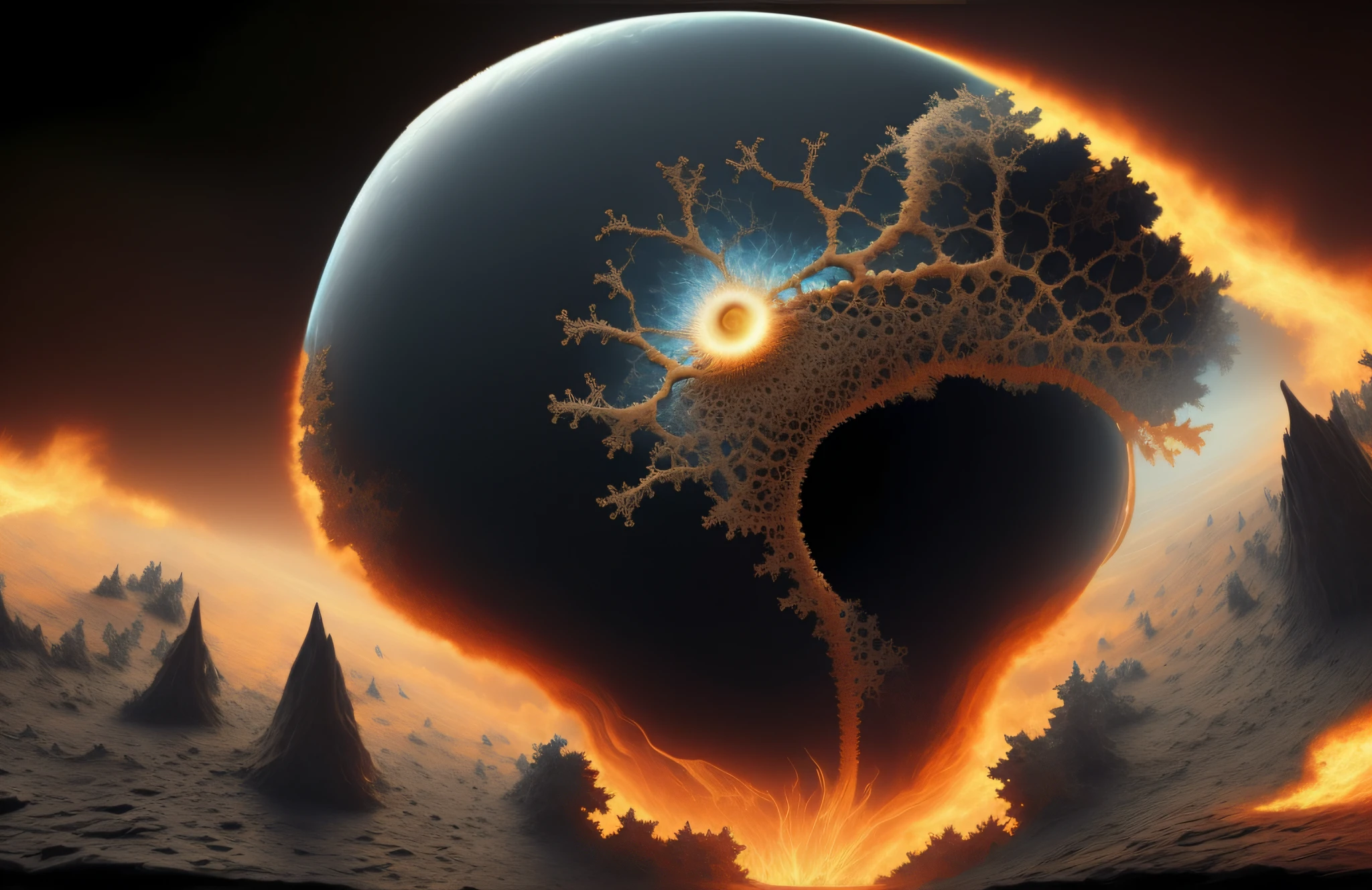 Close-up of a fireball with a tree in the middle, World of Fractals, 3D fractals, 3D fractals, Mandelbrot fractal, Digital art that bends the mind, Breathtaking digital art, Fractal burning halo, Fantasy Planet, spaghettification, Exploding planet in the background, highly detailed fractals, Science Fiction Digital Art