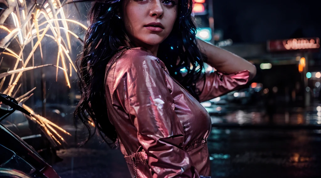 Portrait of a beautiful girl at a gas station at night, raining night, Beautiful eyes, Foggy Night Lights, dramatic lights, neon lights, Hardwine Aesthetics, Cold Lights, Dark cyberpunk aesthetic, Extraordinarily beautiful woman.