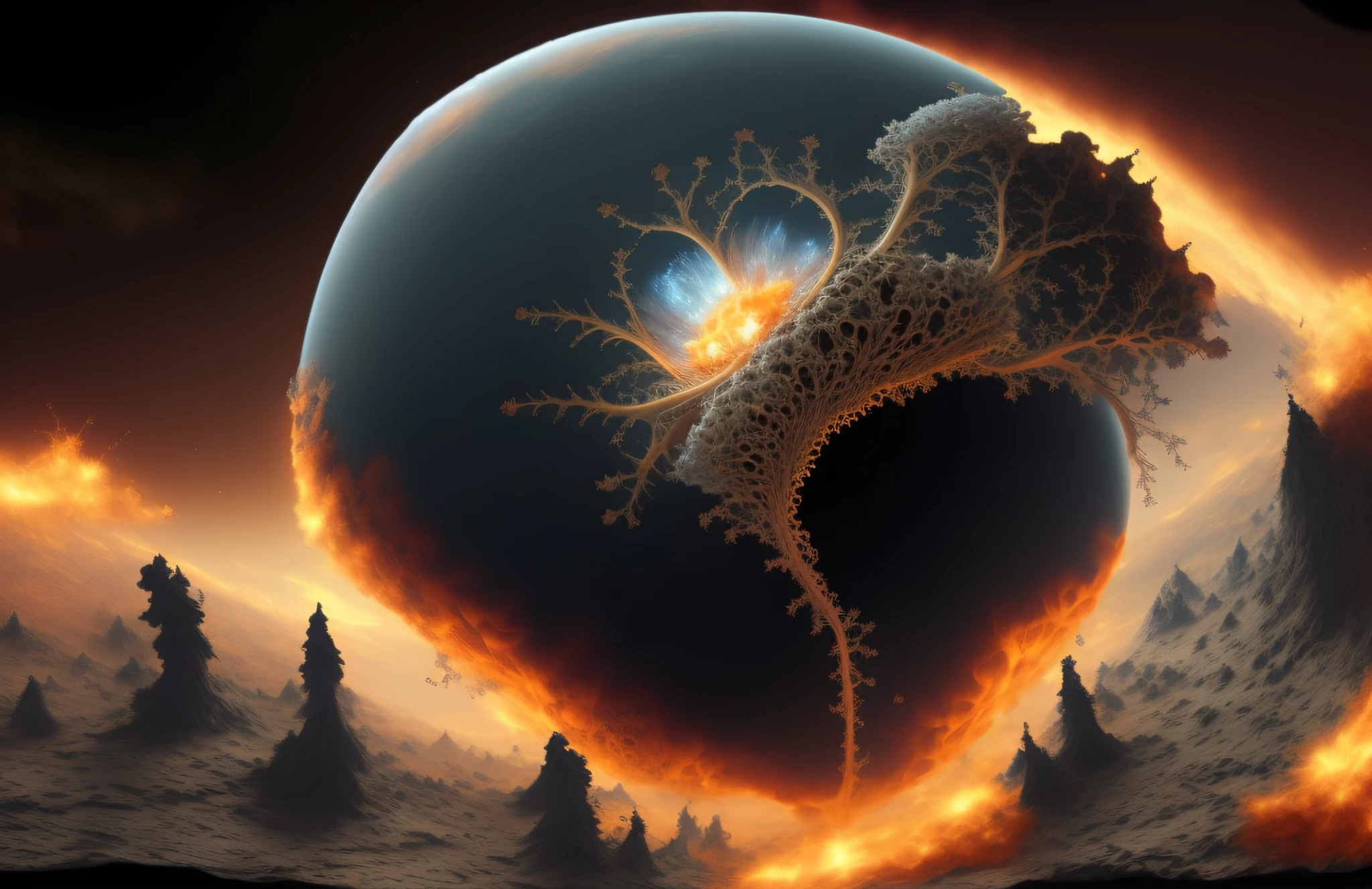 Close-up of a fireball with a tree in the middle, World of Fractals, 3D fractals, 3D fractals, Mandelbrot fractal, Digital art that bends the mind, Breathtaking digital art, Fractal burning halo, Fantasy Planet, spaghettification, Exploding planet in the background, highly detailed fractals, Science Fiction Digital Art