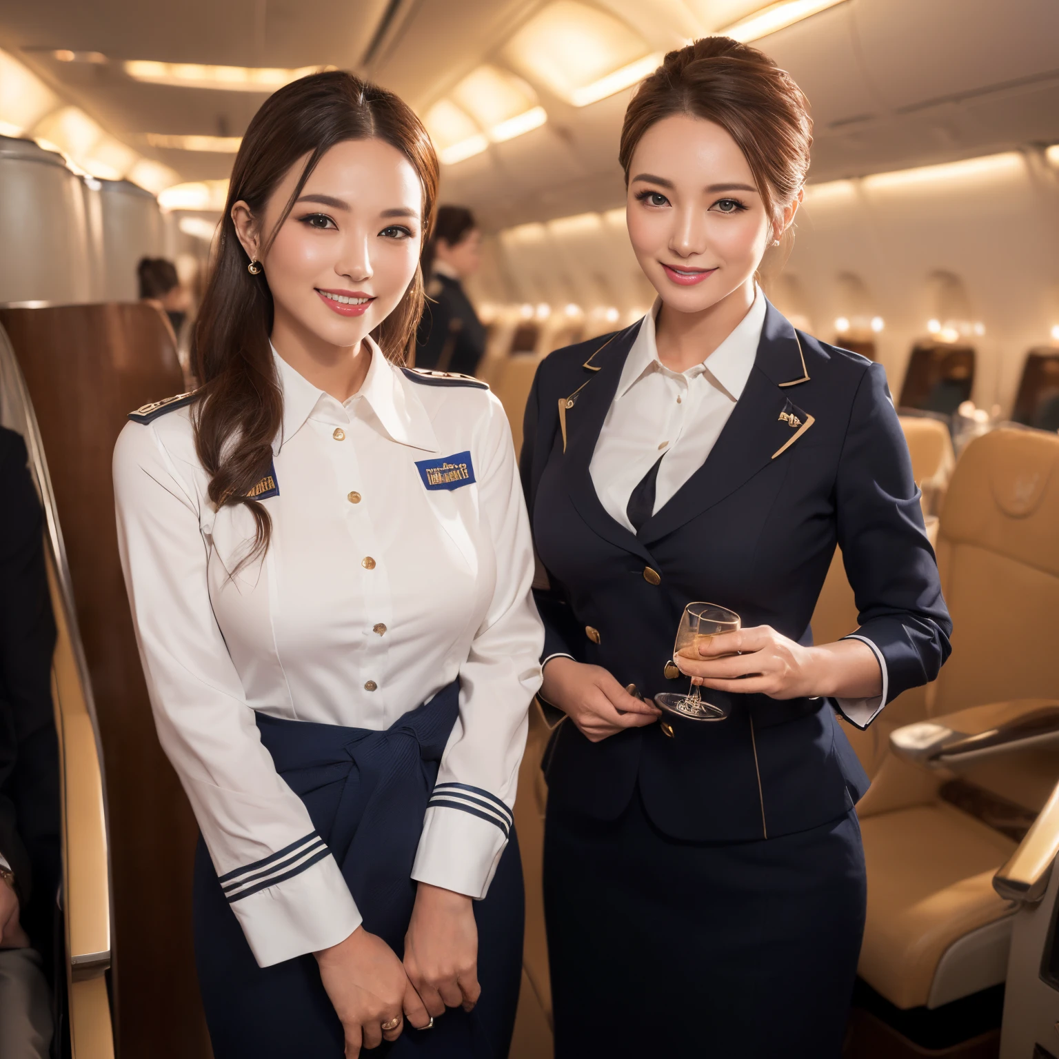 ((top-quality、masutepiece、8K、Top image quality、Hyper-Realism))、((1 female stewardess、walk gracefully down the aisle、cowboy shot、Take a photo of her from the waist up))、((The background is an airplane aisle))、((The most luxurious interior、The most luxurious and exclusive airplane interior、Luxury interior like a royal family、top class seats:1.5)、((The perfect stewardess uniform))、(Exposing the forehead、Chignon)、large full breasts、The Biggest Smile、white big teeth、Perfect makeup、long eyelashes、View me、smile your best smile、perfect anatomia、Bright lighting