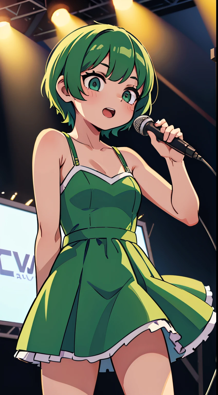 idol on stage, mid short hair, gret + green eye female  