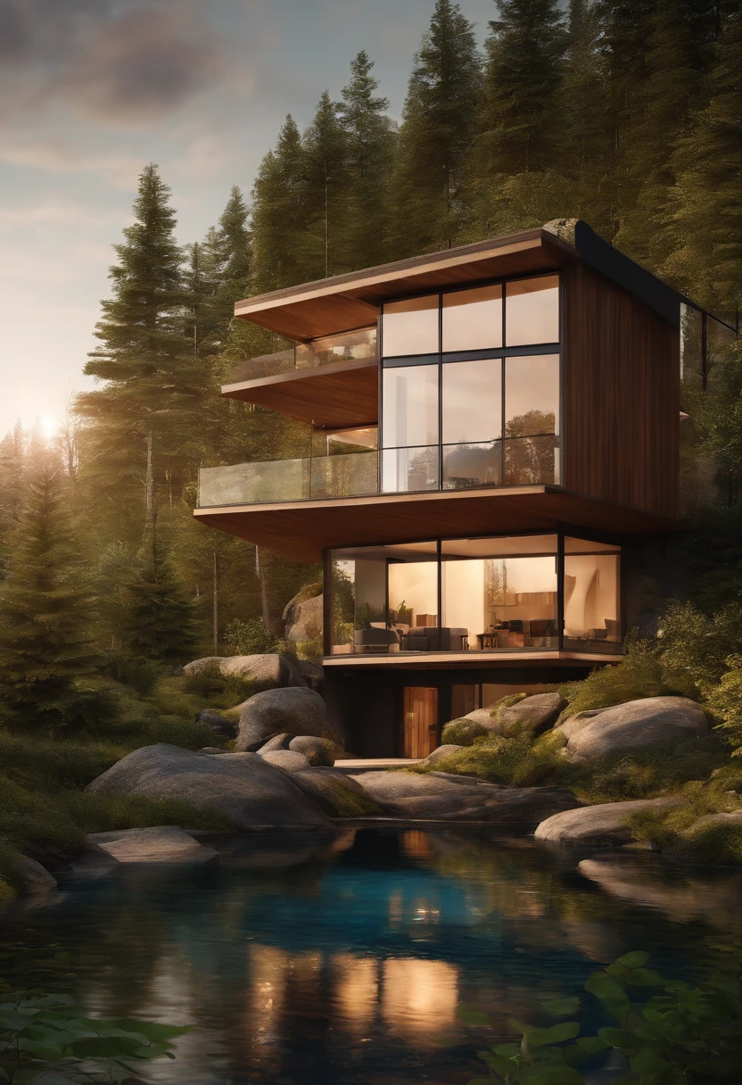 Small single-family duplex house in a Scandinavian nature, standing wood panel, panorama glass windows, forests, waterfall inside atrium, rocks, natural pond of water