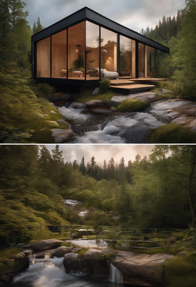 Small single-family duplex house in a Scandinavian nature, standing wood panel, panorama glass windows, forests, waterfall inside atrium, rocks, natural pond of water