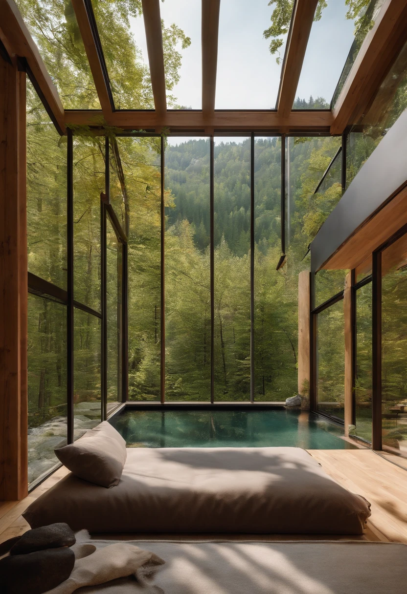 Small single-family duplex house in a Scandinavian nature, standing wood panel, panorama glass windows, forests, waterfall inside atrium, rocks, natural pond of water
