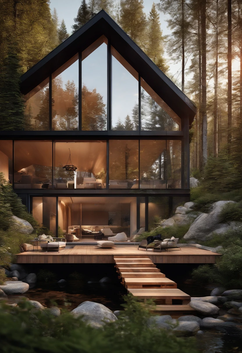 Small single-family duplex house in a Scandinavian nature, standing wood panel, panorama glass windows, forests, waterfall inside atrium, rocks, natural pond of water