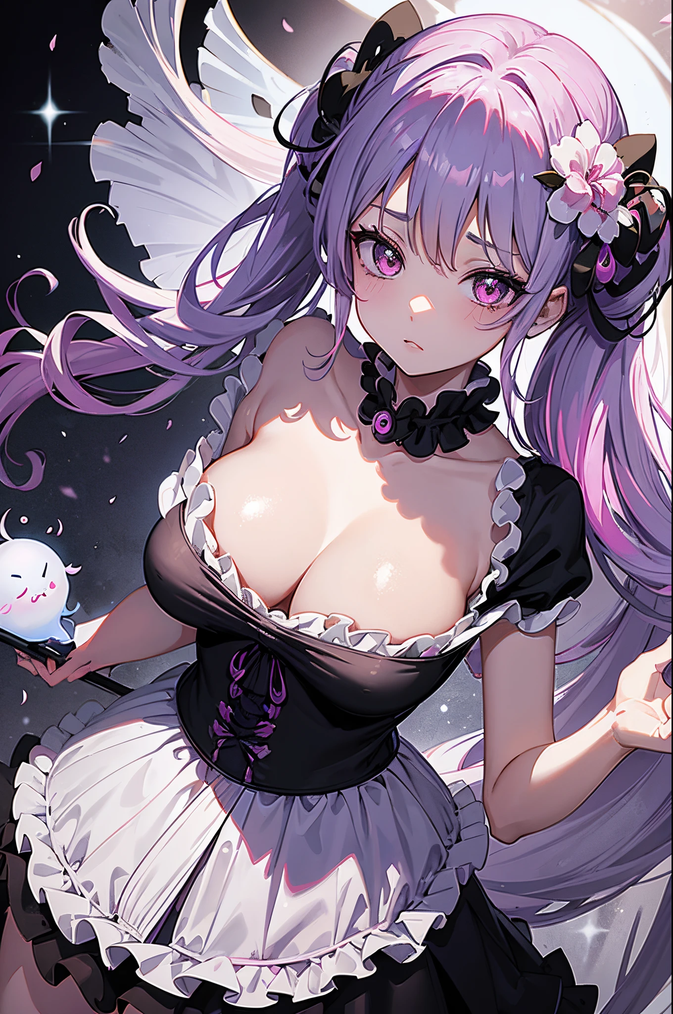 one piece ghost princess perona, ghost and sakura aura, holding a cute umbrella, black pink gothic outfit, hair tied into two curly pigtails with black and white flower hairpins, perfect body shape, wearing black top hat with ribbon, masterpieces, light make up, ghost effect, best lighting, ultra sharp