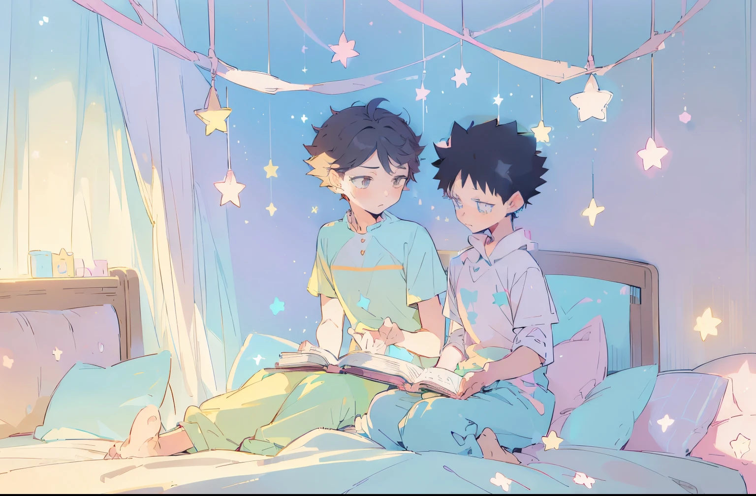 ((2 boys sitting on bed)), black hair,reading a book, bedroom, cute room, pastel colors,kawaiitech,cute colors,kawaii,stars are hanging above bed,bedtime stories,masterpiece,ultra detailed,flat coloring,cute flat colors,iwaizumi,black hair, spiky hair