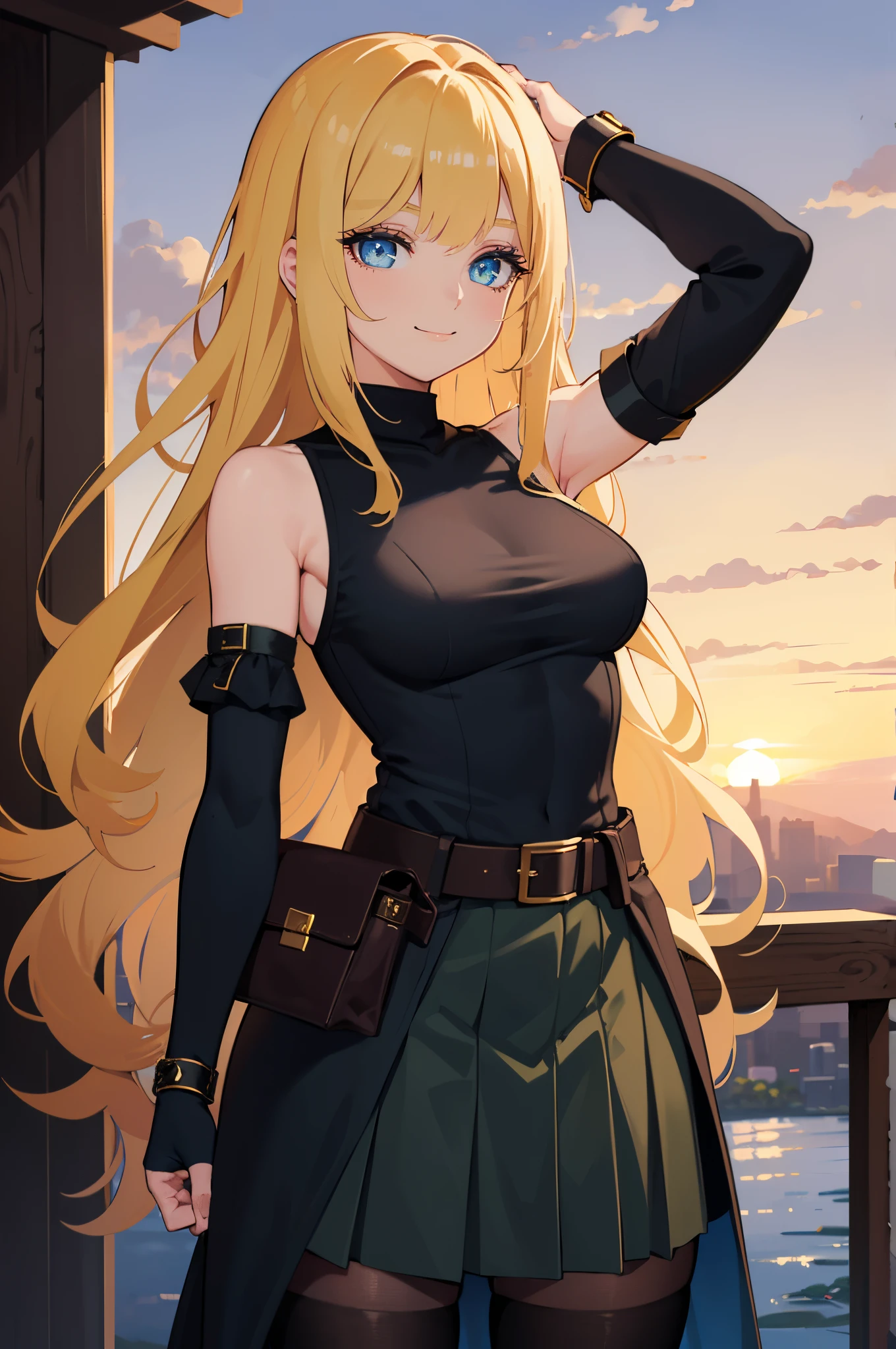 Safe for work, masterpiece, best quality, solo, 1 girl,  cute girl, wholesome girl, (young female body:1.4), ( medium breasts), cowboy shot, shy smile, flustered,  yellow golden hair, extra long hair, thick wavy hair, hime cut, blunt bangs, crystal blue eyes, light blue detailed eyes, outside, medieval fantasy city, sunset, standinglong skirt, griffin style, dark green skirt, black compression shirt, black top, detached sleeves, black pantyhose, long dark green skirt, small bag attached to belt, belt pouch, black belt bag, good details, detailed fantasy clothing, extra extra long hair, long griffin style skirt,