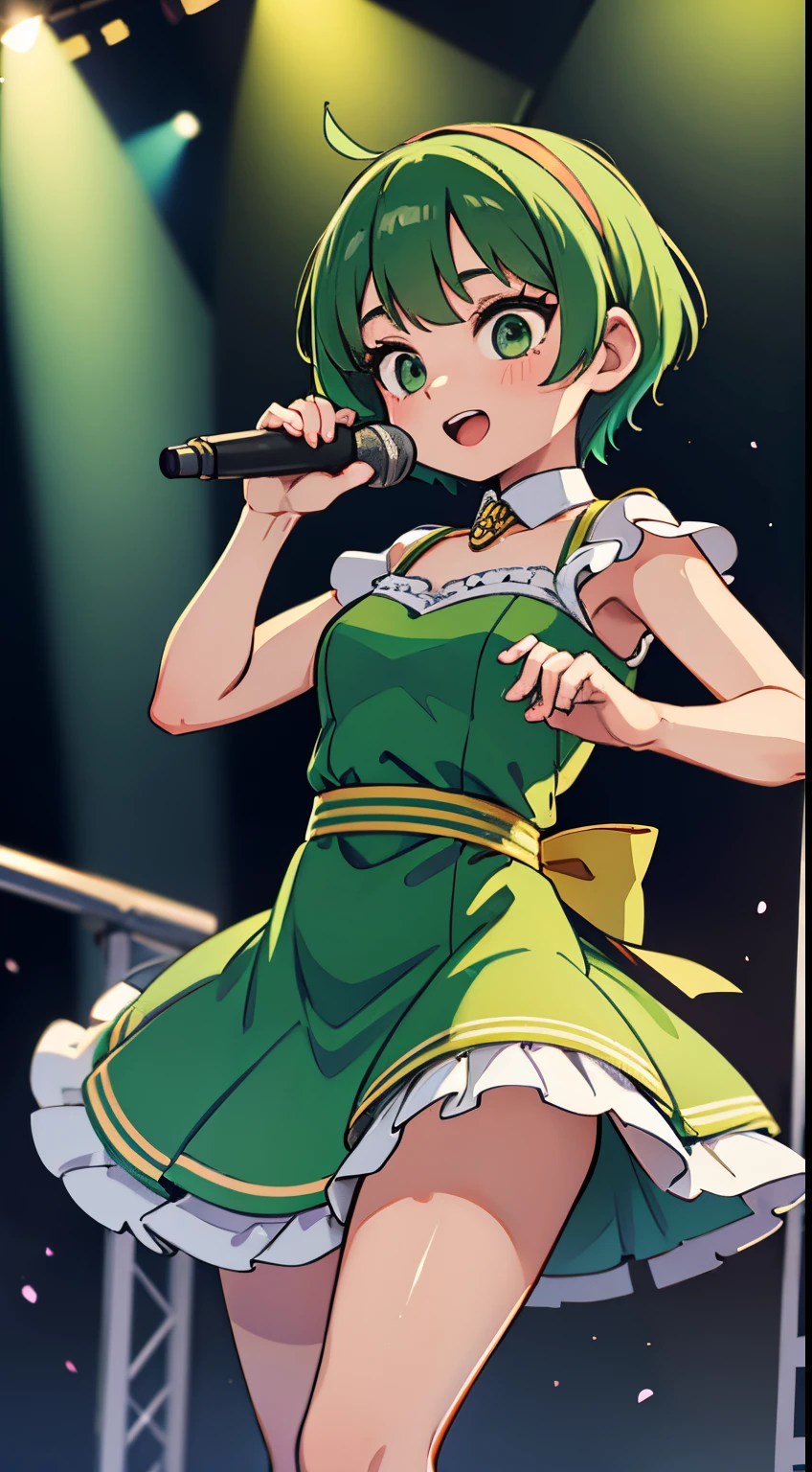JKT48 idol girl, she is 18 years old, she is wearing a dress, she has short green hair, she is singing and dancing, she is on stage, she is outdoors, very detailed