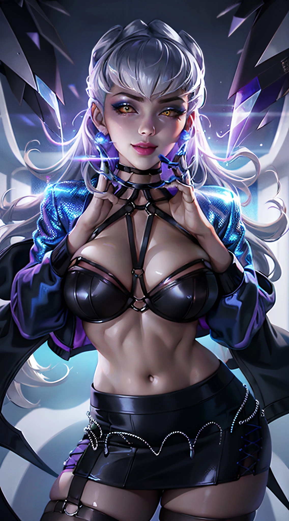 EvelynnAO, skirt, lightning background, volumetric lighting, best quality, masterpiece, intricate details, tonemapping, sharp focus, hyper detailed, absurdres, highres, 1girl, lipstic, hair ornament, looking at viewer, upper body, particle light, smile, hands up, blue mini jacket, minimalist black bra, increase left and right arms