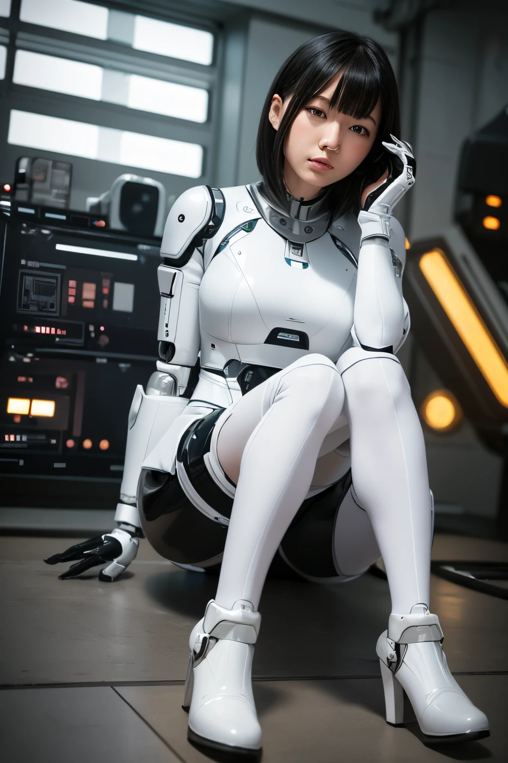 best quality, masterpiece, (photorealistic:1.4), 1woman, Japaese Cyborg Woman,fullbody image ,Plump , White boots,announcer,control panels,android,Droid,Mechanical Hand, clothes with a sense of mechanical technology, Robot arms and legs, Black Robot Parts,Black hair,Mechanical body,rompers,Blunt bangs,White abdomen,White robotics parts,perfect robot woman,ceramic body,sleep mode,laying on a floor,fell to the floor,