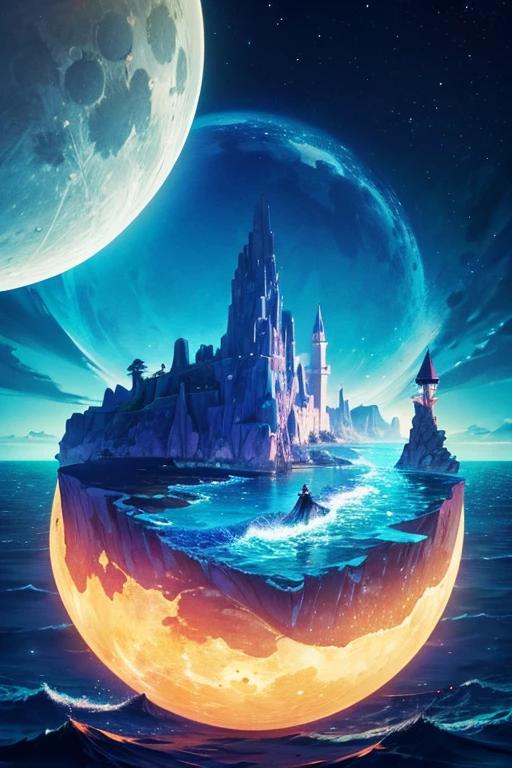 the ocean at night、violinist standing on the cliff、Very big full moon、city in the moon、Colors like the painter Lassen、Rich in colors、spiritual、psychedelic、Disney-like scenery、movie『avatar』a landscape like、I want you to draw it like a picture book