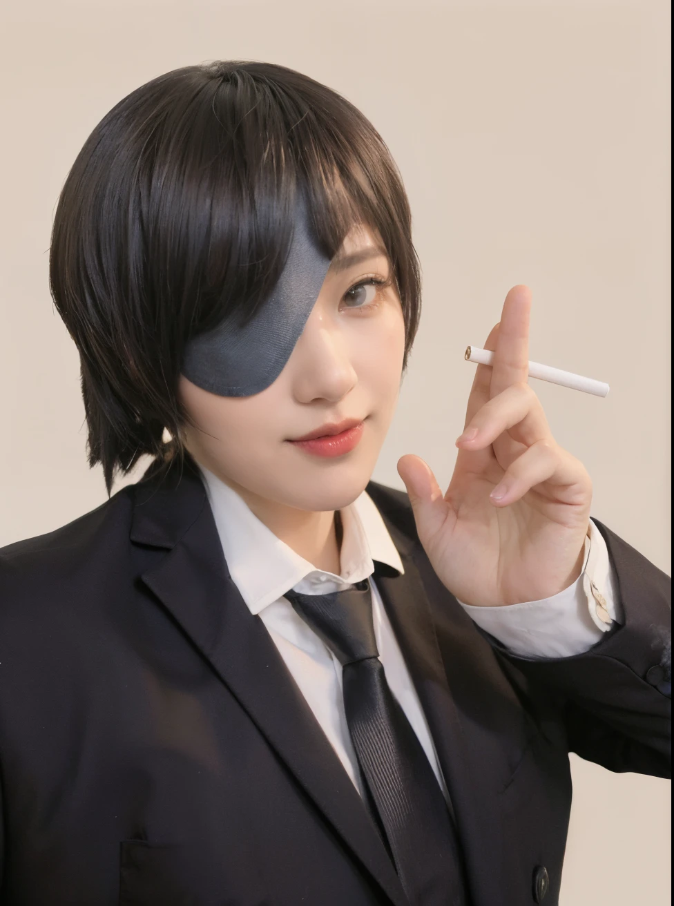 There is a woman in a suit,Professional role-playing, cosplay foto, smokes, anime cosplaying, blindfolds, One-eyed,Wear an eye patch, portrait of a female anime hero, Role playing game maker, Anime girl role play, publicity cosplay,8K,Master of Light and Shadow,textur,solid color backdrop,Master composition,SENSE OF CINEMA