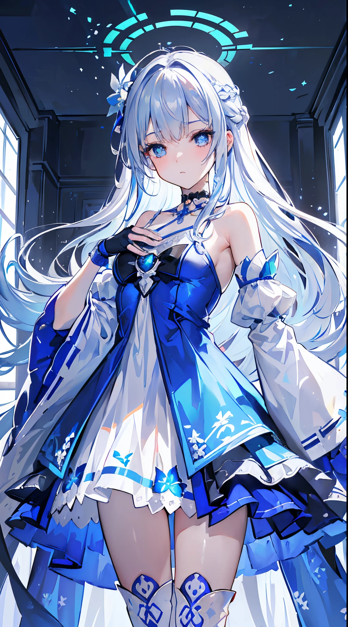 masterpiece, best quality, high resolution, ung girl, silver hair, silver blue eyes, hair between eyes, bright eyes (mine takamiya from date to live)