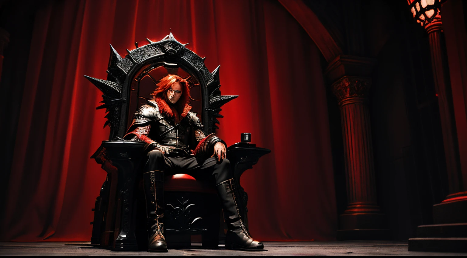 A man sitting in a dark throne with bright red eyes and crimson red hair. His background shone with red dragon