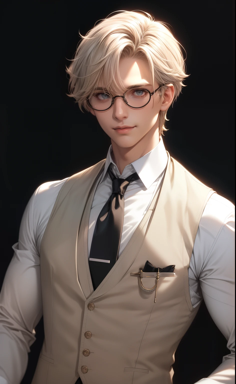 (masterpiece,best quality,ultra_detailed,highres,absurdres),1 mature male, 30-ish, (wide shoulder), (muscular), male focus, solo, sand blonde hair, chain, shirt, black necktie, necktie, simple background, grey eyes, upper body, vest, short hair, looking at viewer, smile face, parted lips, collared shirt, round eyewear, long sleeves, white shirt, white background, white vest, monocle, jewelry.