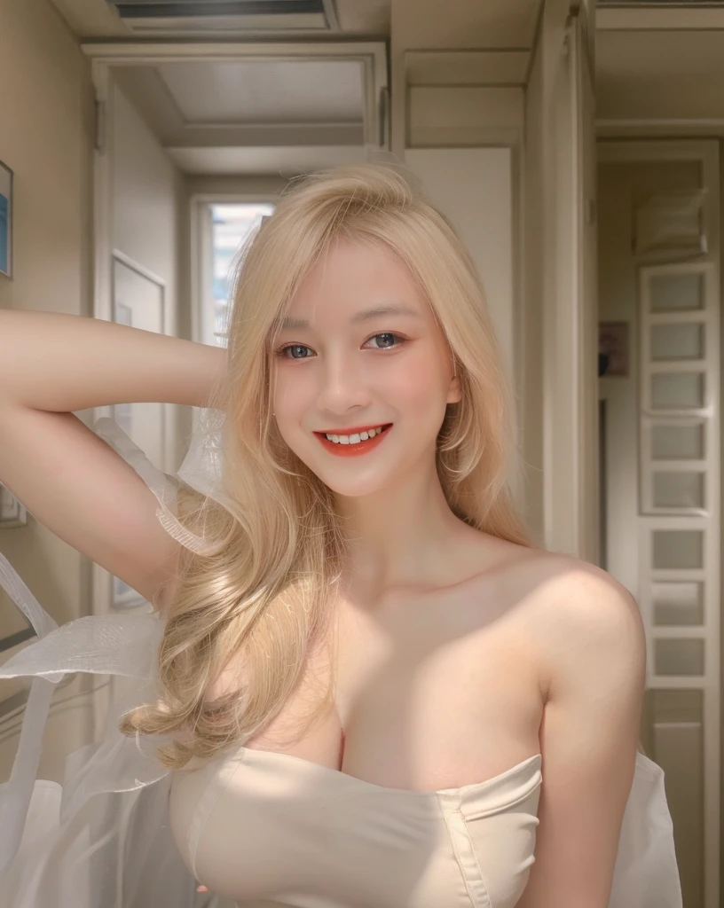 (Best quality, 8k, 32k, Masterpiece, UHD:1.2),Photo of Pretty Japanese woman, 1girl, smile, (long blonde hair), (large breasts), double eyelid, white transparent veil, hospital, patient's room, upper body, sexy