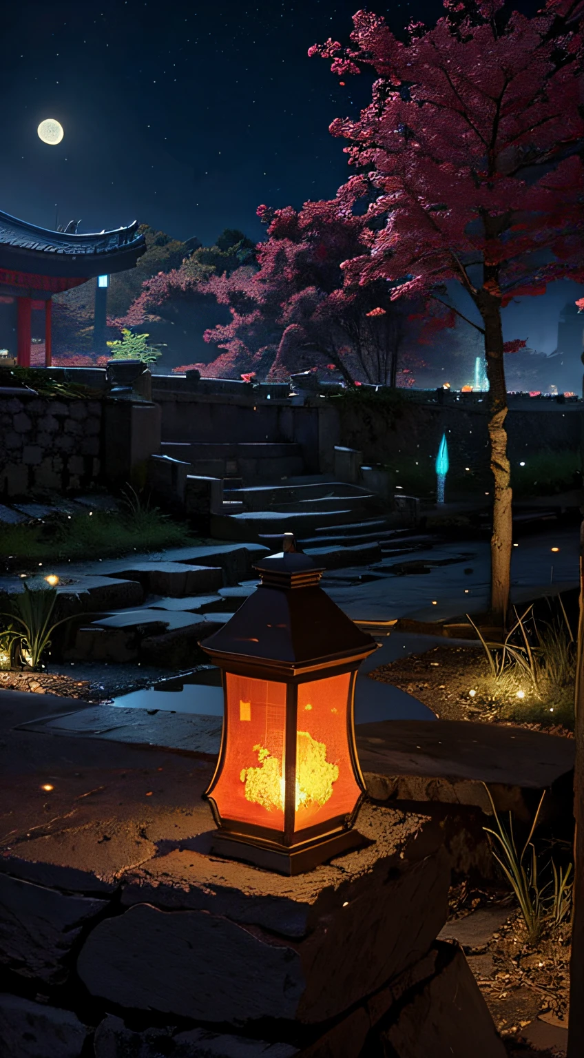 Official Art, Ancient China, Ancient Streets, (Lots of Fireflies), (Night), (Moon), Lights, Beautiful Landscapes, Epic Landscapes, Realistic Lighting, Masterpieces, High Quality, Beautiful Graphics, High Detail, Global Illumination, Unreal Engine Rendering, Octane Rendering, (HDR:1.3)