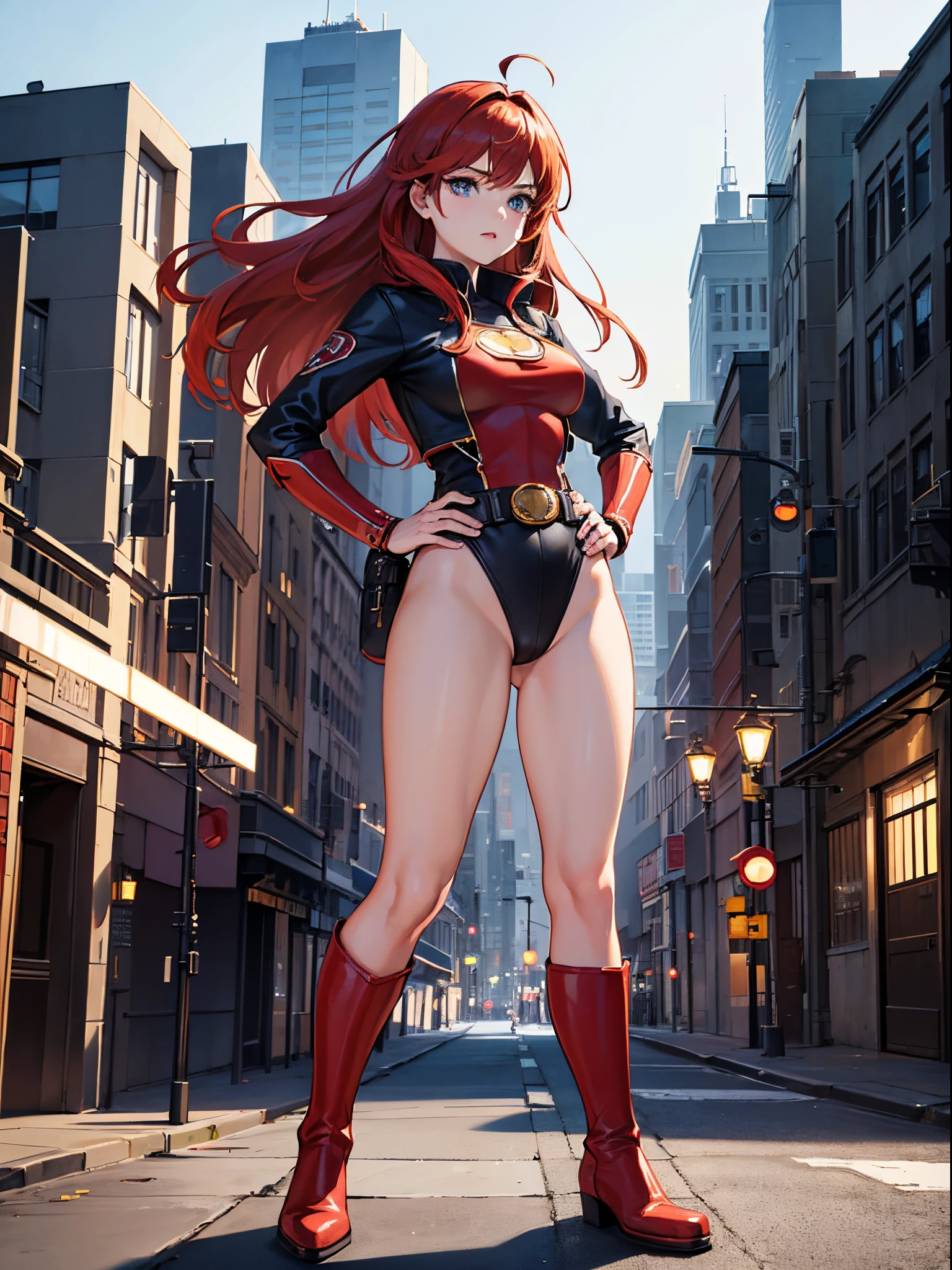 masterpiece, best quality, 1girl, superhero, leotard, bare legs, knee boots, matching boots, heroic, city backdrop, standing, body infused with energy, light particles, solo, single, cowboy shot, perfect anatomy, hand on hip, red hair, beautiful detailed eyes, belt