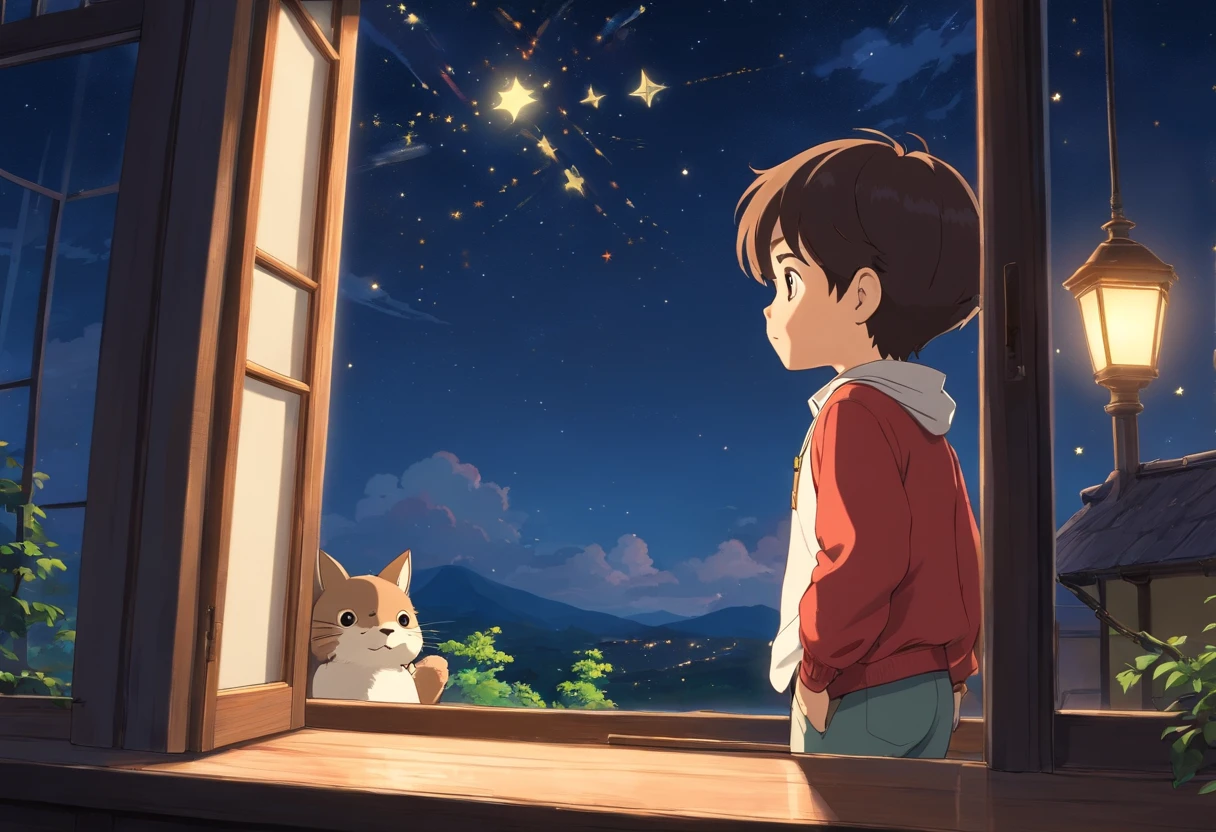 Best quality at best, tmasterpiece, 1 little boy aged 3 years, Alone, stars in night sky, Stars outside the window,White top, terrazzo,Woody,wood planks, are standing, Staring at the stars with bright eyes，,Put your hands on the balcony, Eyes full of light and curiosity，expression of surprise，Look out the window，gentlesoftlighting, A half body