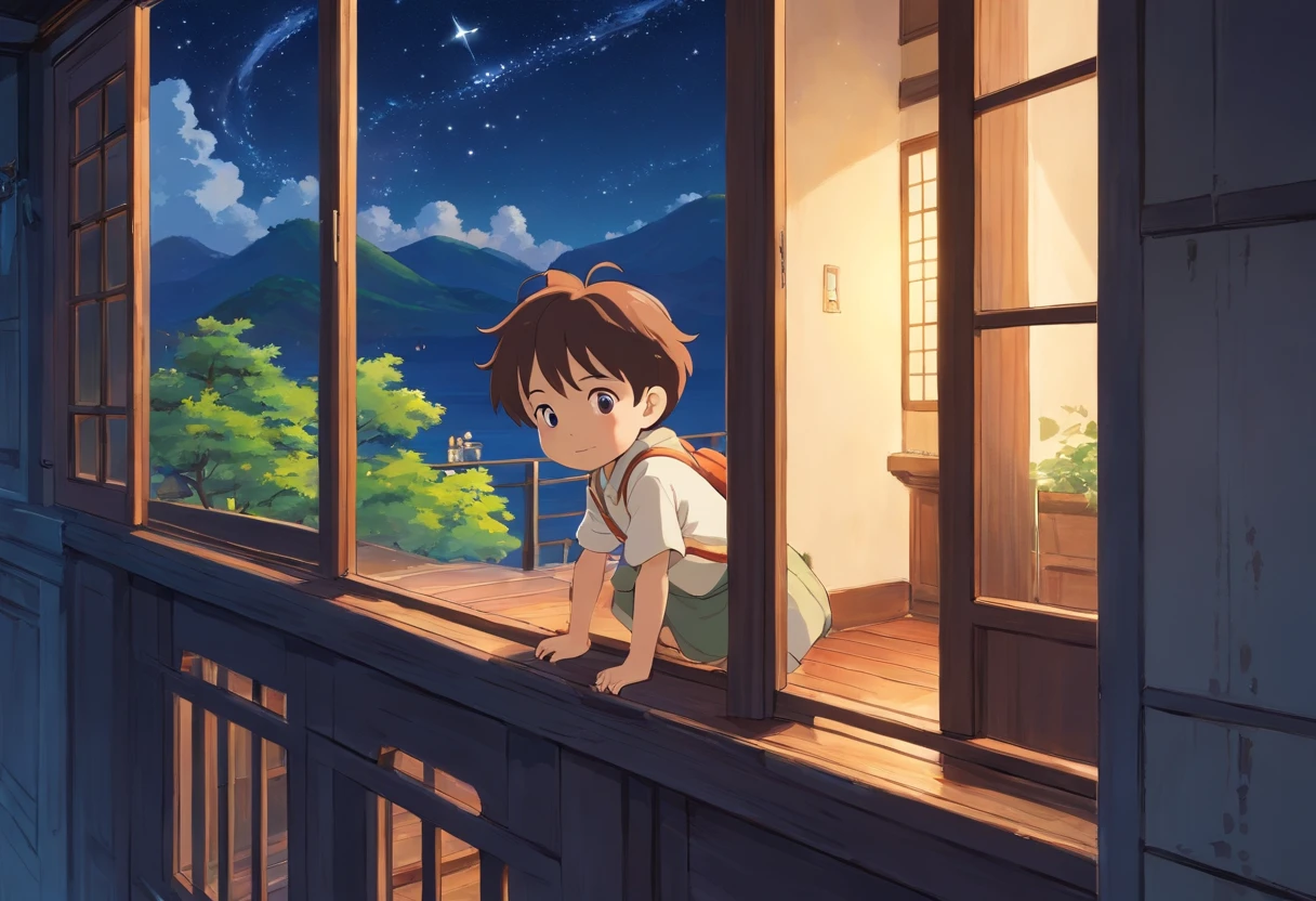 Best quality at best, tmasterpiece, 1 little boy aged 3 years, Alone, stars in night sky, Stars outside the window,White top, terrazzo,Woody,wood planks, are standing, Staring at the stars with bright eyes,,Put your hands on the balcony, Eyes full of light and curiosity,expression of surprise,Look out the window,gentlesoftlighting, A half body