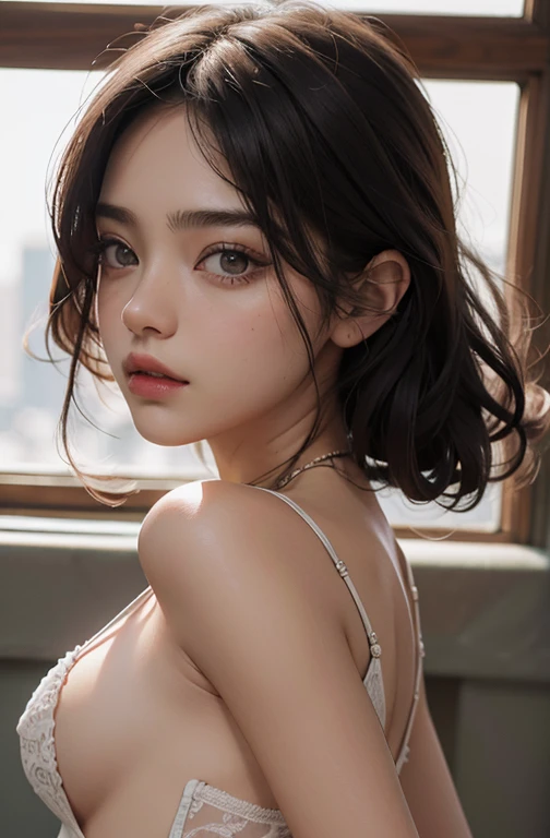 (Hiperrealista), (插圖), (High resolution), (8k), (extremadamente detallado), (best illustration), (hermosos ojos detallados), (La mejor calidad), (Ultra detallado), (Obra maestra), (papel tapiz), (Cara detallada), Solo 1 Chica, cabello blanco ondulado, Coreano, desnuda total, pechos enormes, sin pelos, mirando al espectador con cara provocativa
