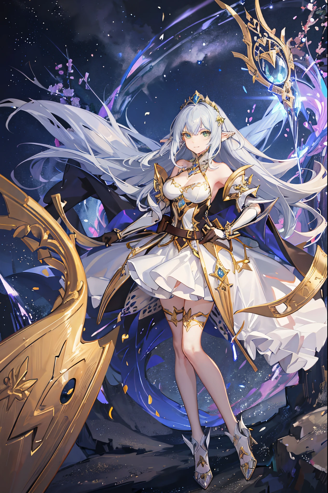 masterpiece, best quality, ((pure white background)), kiana kaslana \(honkai impact 3rd\), herrscher of finality, white hair, ahoge, ponytail, very long hair, blue eyes, (ornate military jacket:1.6), (golden shoulder armor:1.5), (flowing cape:1.4), (ruffled skirt:1.4), (thigh-high stockings:1.5), (gold accents:1.6), (lace cravat:1.3), (decorative belt:1.4), (elaborate embroidery:1.4), (fingerless gloves:1.3), sit on a sofa