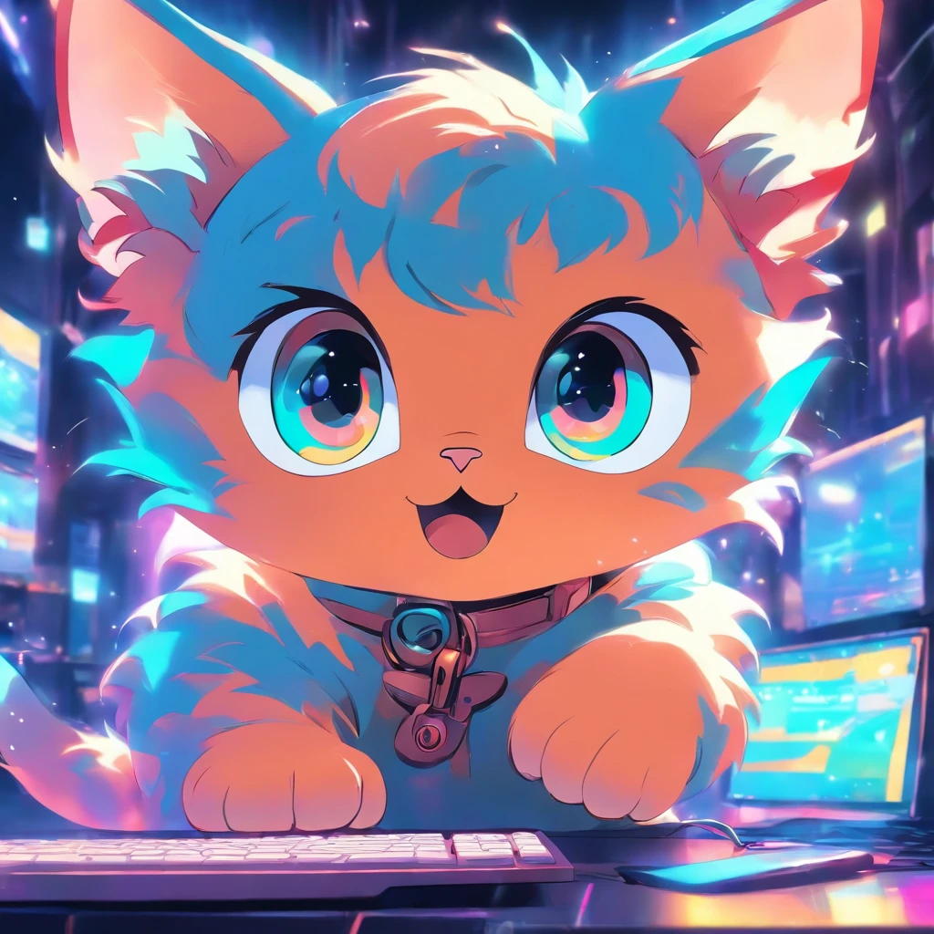 Cute kitten with round eyes looking at the computer