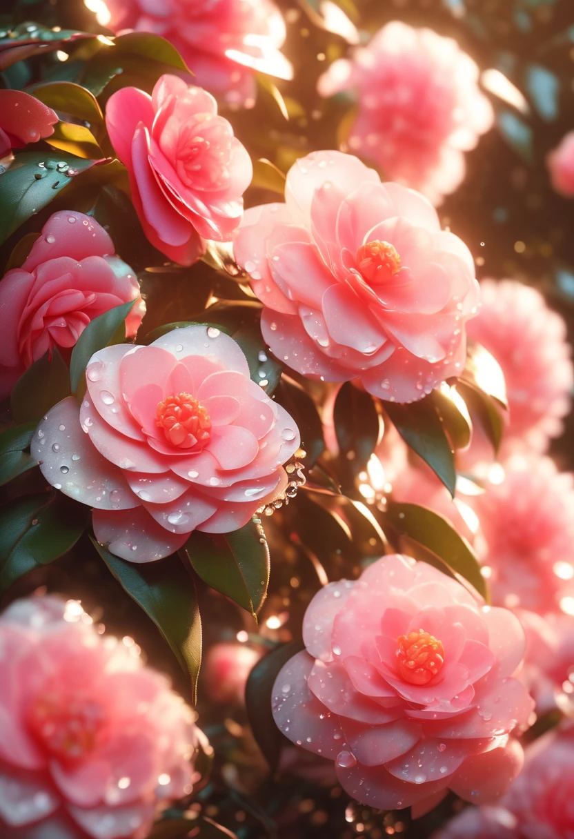 Multi-layered petals of camellias, cinematic lighting, 8K ultra-high-definition, dewdrops, details, textures, standard, vivid foreground, sharp background, post-processing, dreamy, aesthetic, visual arts, video game arts, and widescreen