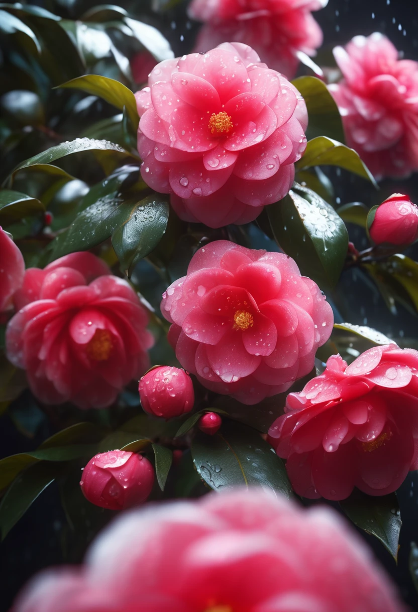 Multi-layered petals of camellias, cinematic lighting, 8K ultra-high-definition, dewdrops, details, textures, standard, vivid foreground, sharp background, post-processing, dreamy, aesthetic, visual arts, video game arts, and widescreen