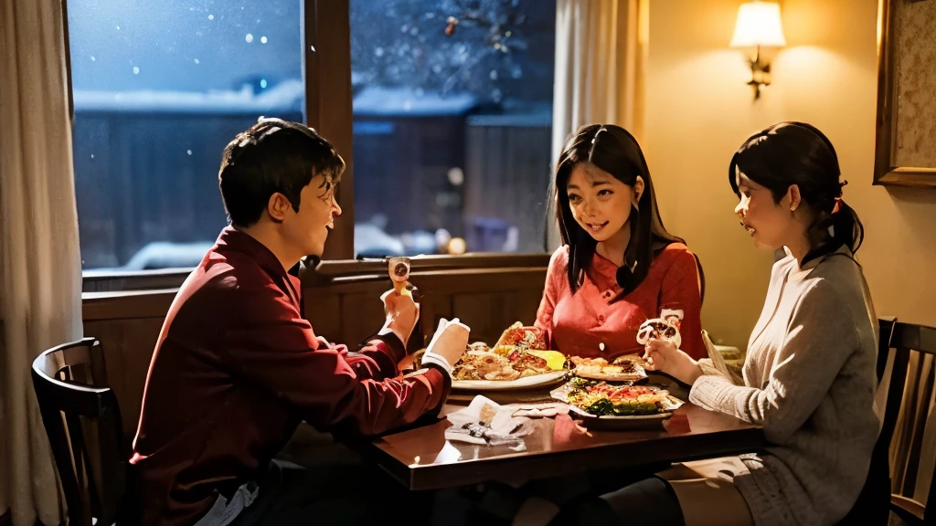 A family of three having New Year’s Eve dinner，Winters，Spring festival，It was snowing outside the windows