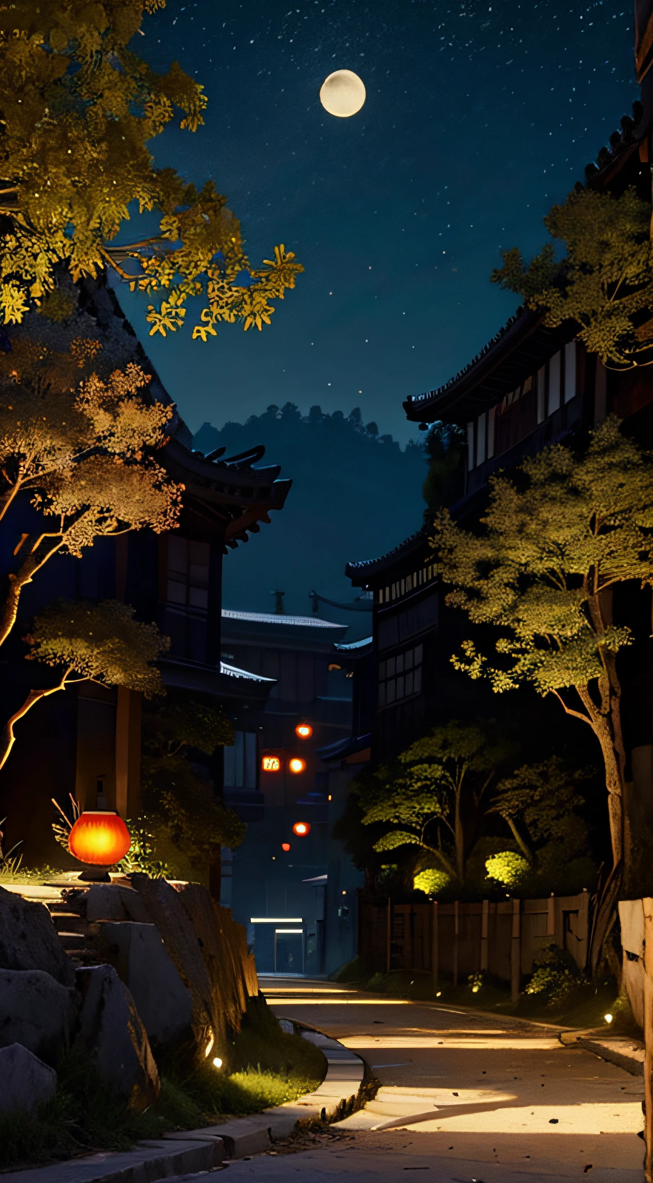 Official Art, Ancient China, Ancient Streets, (Lots of Fireflies), (Night), (Moon), Lights, Beautiful Landscapes, Epic Landscapes, Realistic Lighting, Masterpieces, High Quality, Beautiful Graphics, High Detail, Global Illumination, Unreal Engine Rendering, Octane Rendering, (HDR:1.3)