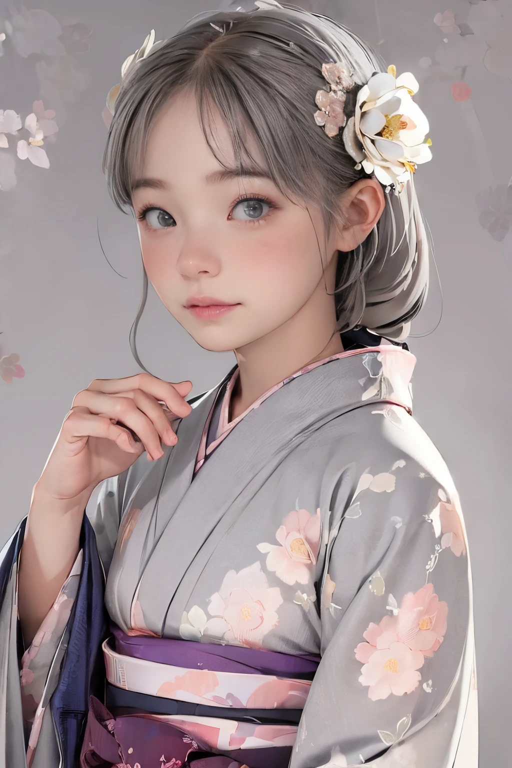 (((gray floral background:1.3)))、Best Quality, masutepiece, High resolution, (((1girl in))), sixteen years old,(((Eyes are gray:1.3)))、Gray kimono、((beautiful gray kimono)), Tindall Effect, Realistic, Shadow Studio,Ultramarine Lighting, dual-tone lighting, (High Detail Skins: 1.2)、Pale colored lighting、Dark lighting、 Digital SLR, Photo, High resolution, 4K, 8K, Background blur,Fade out beautifully、gray flower world