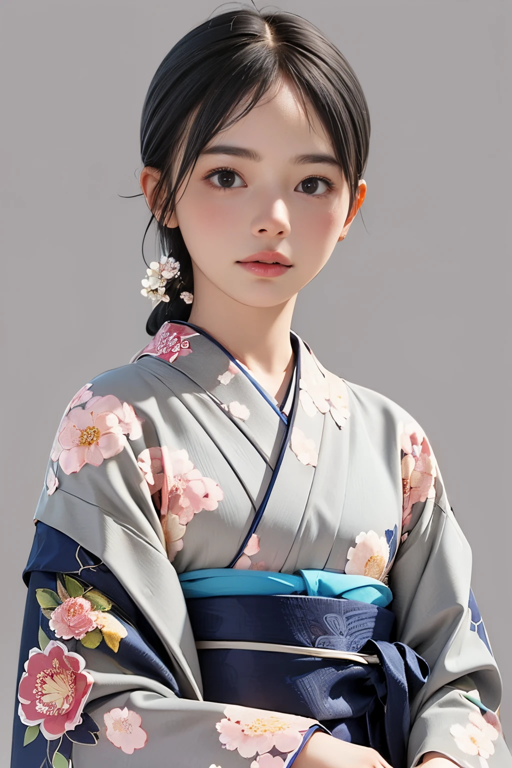 (((gray floral background:1.3)))、Best Quality, masutepiece, High resolution, (((1girl in))), sixteen years old,(((Eyes are gray:1.3)))、Gray kimono、((beautiful gray kimono)), Tindall Effect, Realistic, Shadow Studio,Ultramarine Lighting, dual-tone lighting, (High Detail Skins: 1.2)、Pale colored lighting、Dark lighting、 Digital SLR, Photo, High resolution, 4K, 8K, Background blur,Fade out beautifully、gray flower world