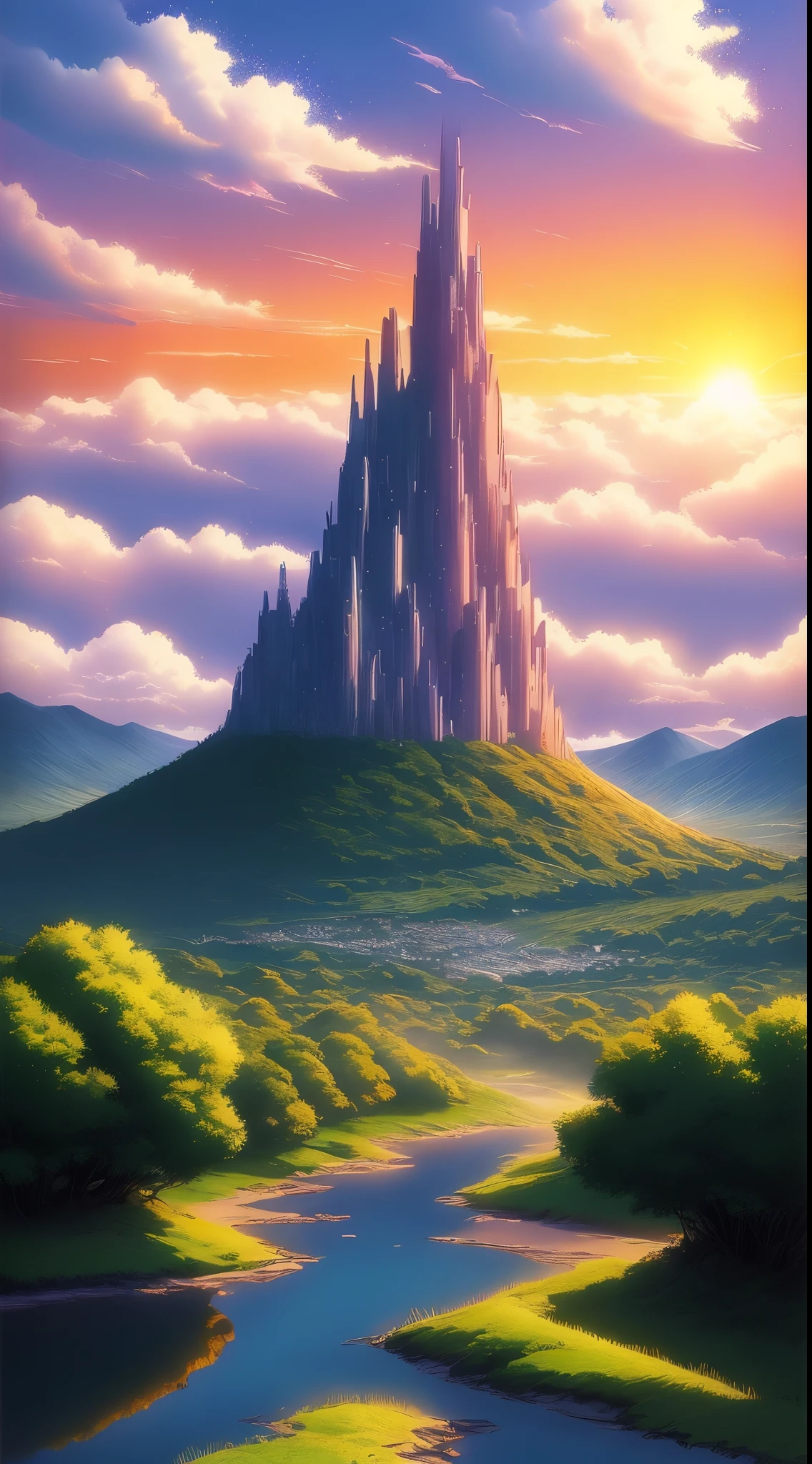 anime style landscape, hayao miyazaki, highest quality, sparkles, shiny,scenery, no humans, sky, cloud, outdoors, sunset