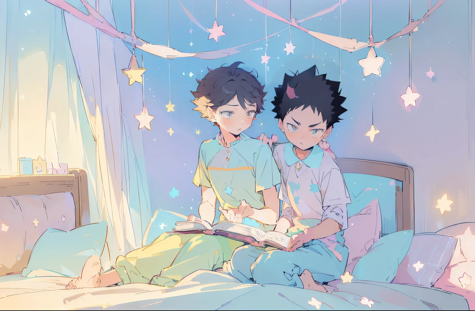 ((2 boys sitting on bed)), black hair,reading a book, bedroom, cute room, pastel colors,kawaiitech,cute colors,kawaii,stars are hanging above bed,bedtime stories,masterpiece,ultra detailed,flat coloring,cute flat colors,((iwaizumi)),perfect face,black hair,spiky hair,perfect eyes