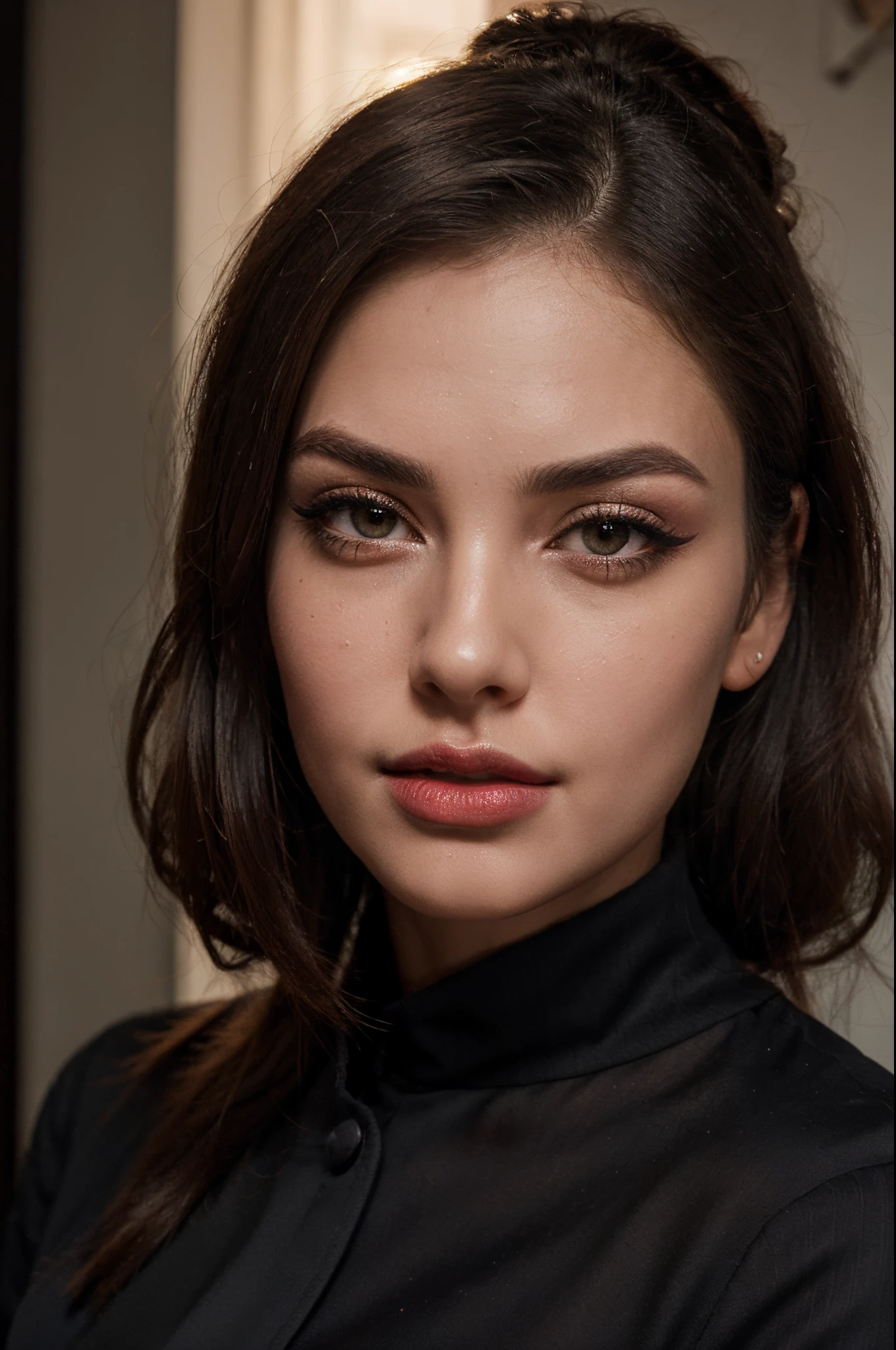 (Best Quality,4k,8K,hight resolution,Masterpiece:1.2), Ultra-detailed, (Realistic,Photorealistic,photo-realistic:1.37), Portrait of a girl with black hair and festive makeup beautiful detailed eyes, beautiful detailed lips, Extremely detailed eyes and face, long eyelashes, shiny and shiny hair, immaculate skin, black eyeliner, Smoky Eye Makeup, Perfect eyebrow shape, rosy cheeks, Bold red lipstick, glamorous and confident facial expression, wears a pink blouse and a fashionable and stylish black suit.