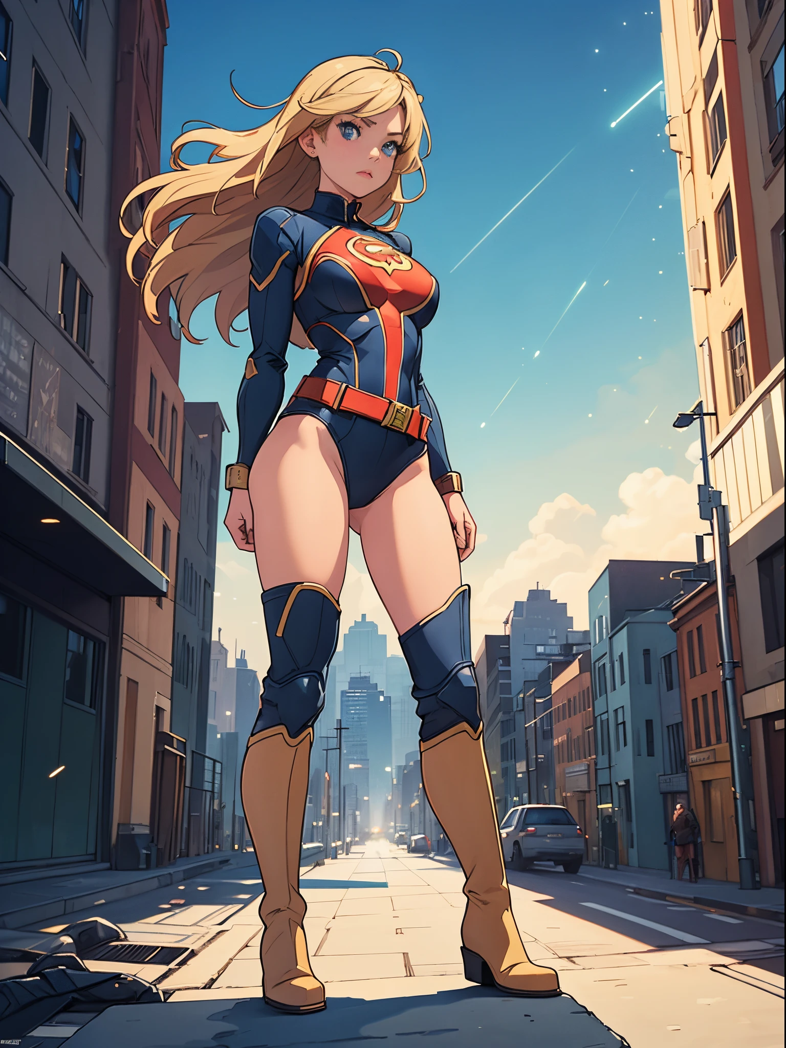 masterpiece, best quality, 1girl, superhero, leotard, bare legs, knee boots, matching boots, heroic, city backdrop, standing, body infused with energy, light particles, solo, single, cowboy shot, perfect anatomy, hand on hip, blonde hair, beautiful detailed eyes, belt